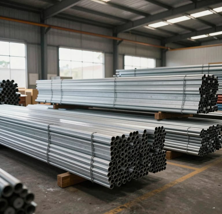 Clean and organized industrial warehouse interior in Brazil, showing stacks of metal sheets and bundles of pipes, bright natural light, professional and solid business environment.