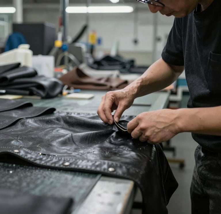 Close-up of skilled hands selecting premium leather hides in a bright workshop.