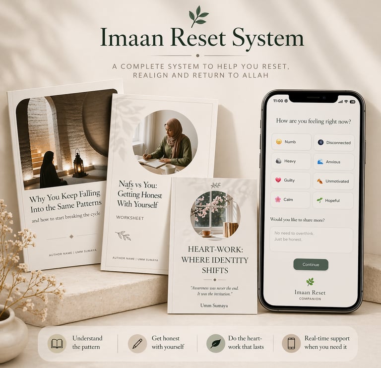 Imaan Reset System Islamic self-improvement books and mobile app for spiritual growth and mental well-being.