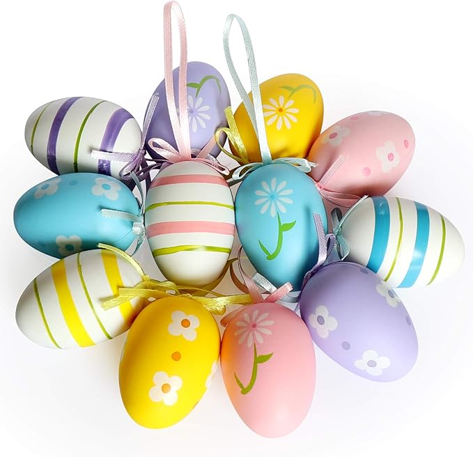 Yunfan 12Pcs Colorful Easter Hanging Eggs – Polka Dot, Striped &amp; Floral Ornaments for Easter Tree