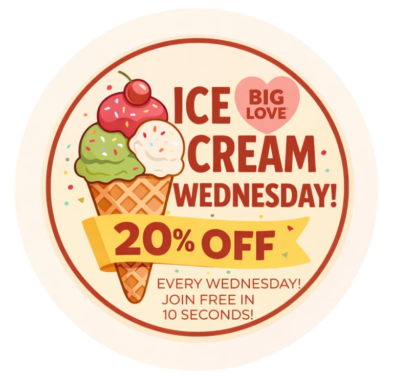 Image of an icon badge showing an ice cream cream and the text ice cream wednesday 20% off