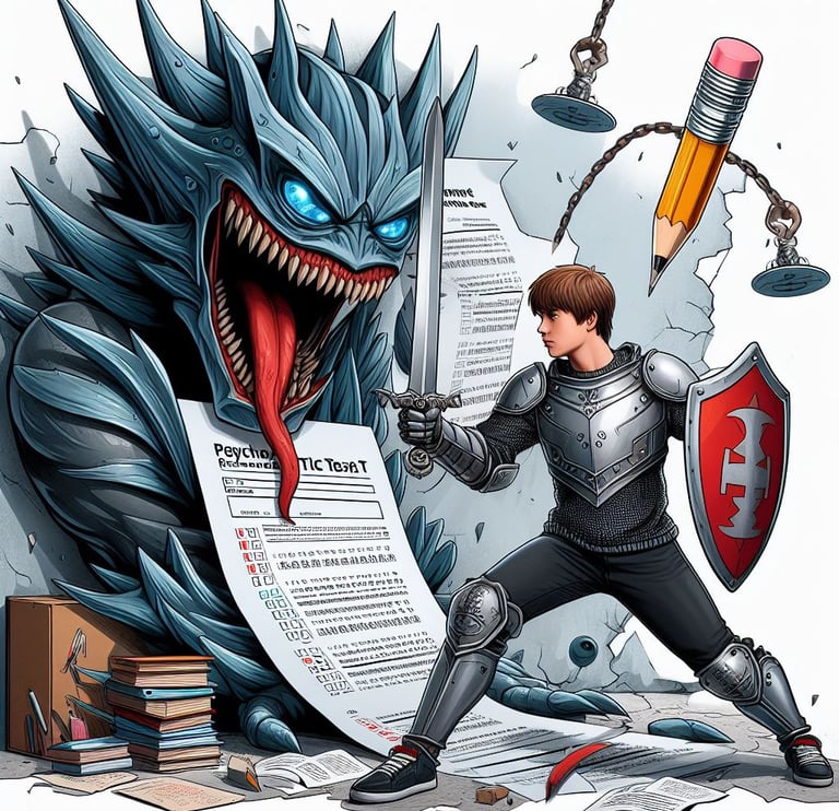 student in an armor duelling with a psycho-test. Image creator by MS Designer