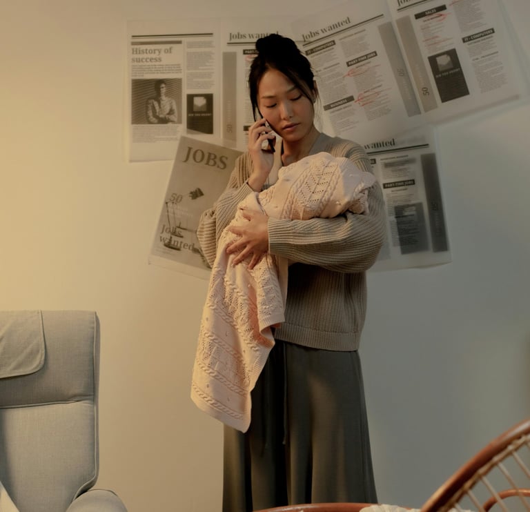 a woman in a sweater holding a baby and talking on a cell phone