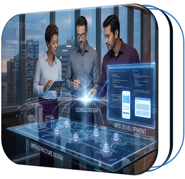 Professional team collaborating on IT solutions with a futuristic digital interface for web development and design.