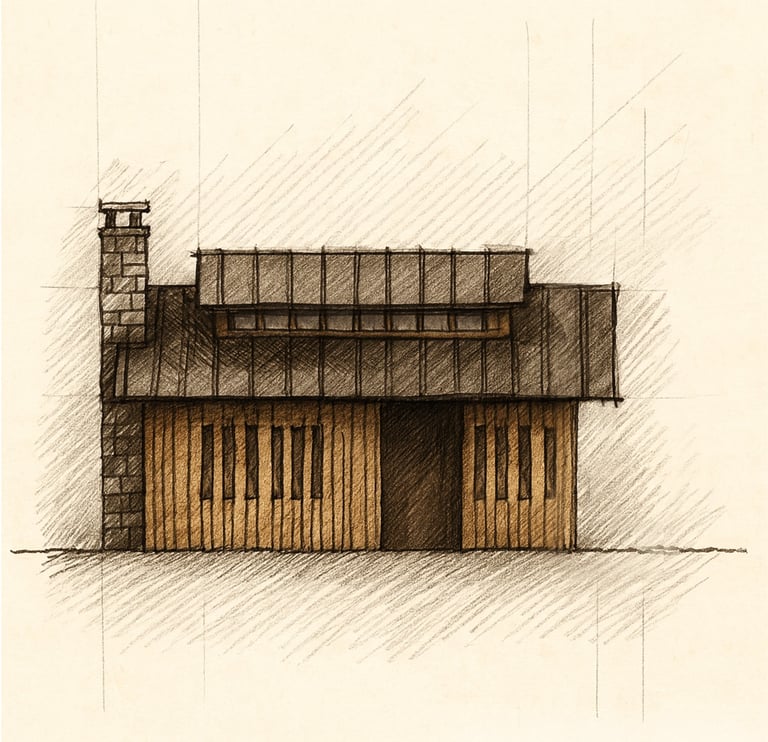 Hand-drawn architectural sketch of a rustic wooden cabin with a stone chimney and metal roof.