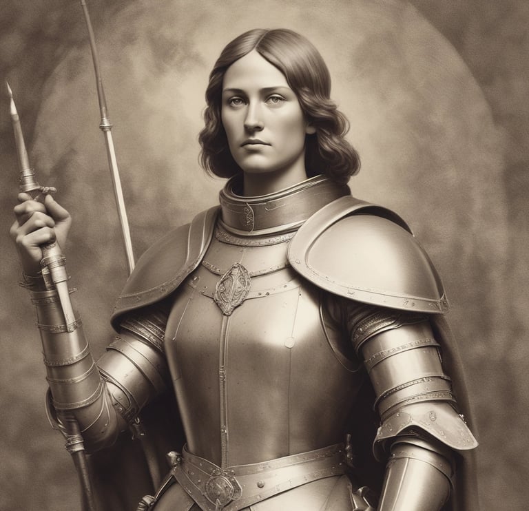 Joan of arc in armor holding sword with patriotic text