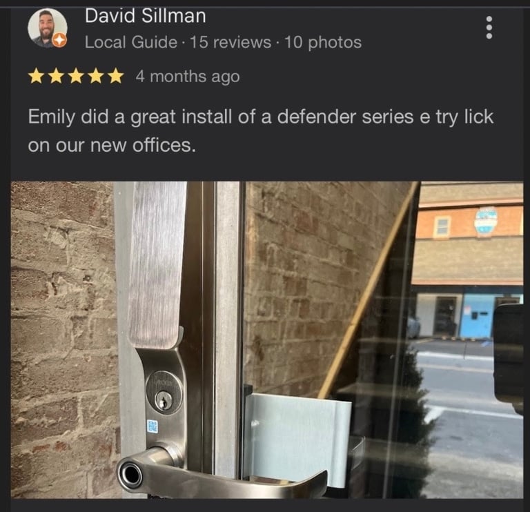 5 star Google review praising Jack's Locksmith commercial service in Burnsville NC