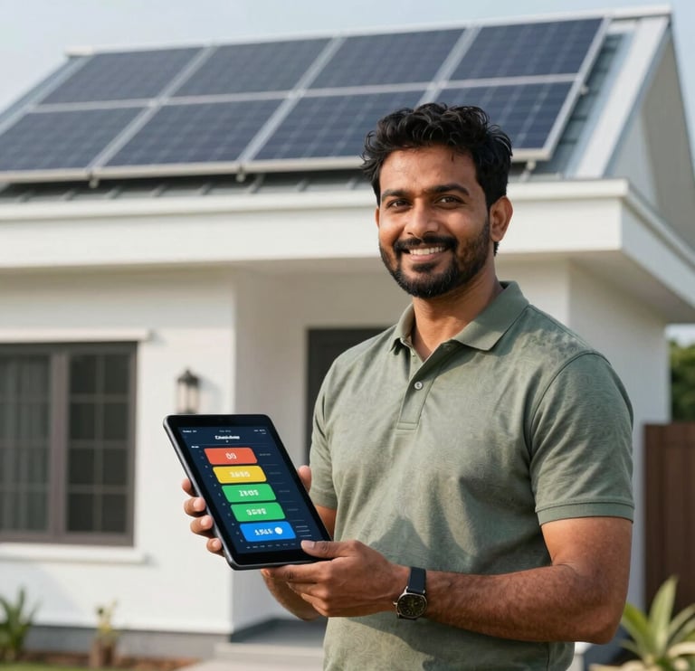 A smiling South Asian / Indian homeowner holding a tablet displaying energy savings data, standing in front of a modern home with solar panels installed on a white roof.