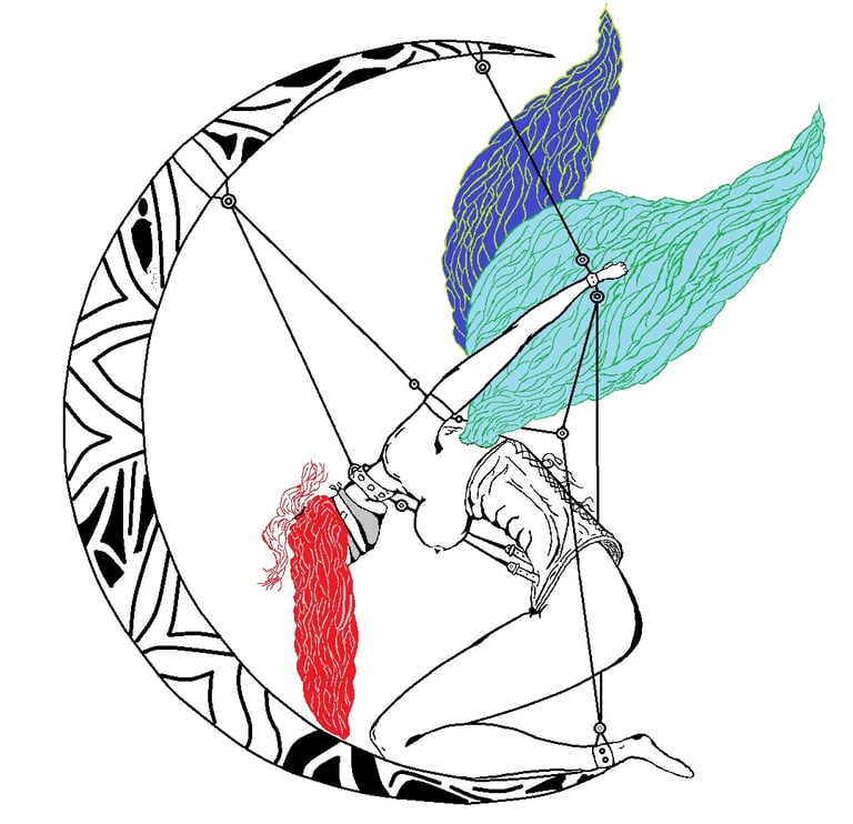 Ilustración del libro Shibari Exquisito de Óscar Ocaña Parrón, un ángel desnudo atado a la luna