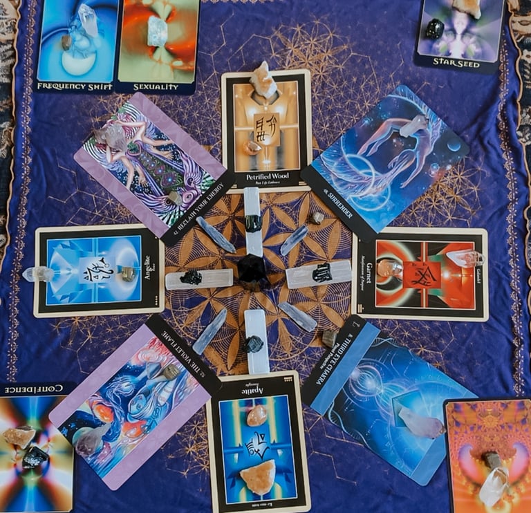 a crystal grid with tarot oracle cards 