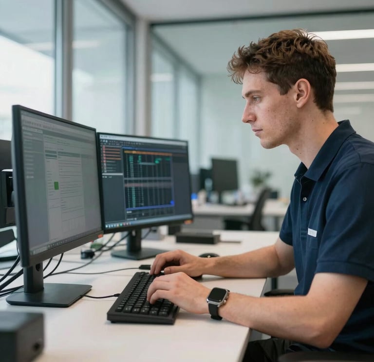 A professional technician in a modern glass-walled office in Estonia, working on a clean dual-monitor setup, natural bright lighting, professional reliability and technical expertise theme.