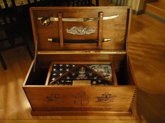 Custom Hand Crafted Oak Sea chest  with custom carvings and removable shadowbox and sword holder