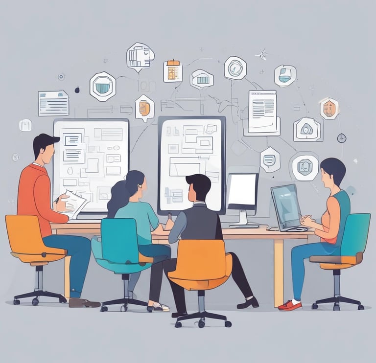 A friendly team collaborating around a table with laptops and notes.