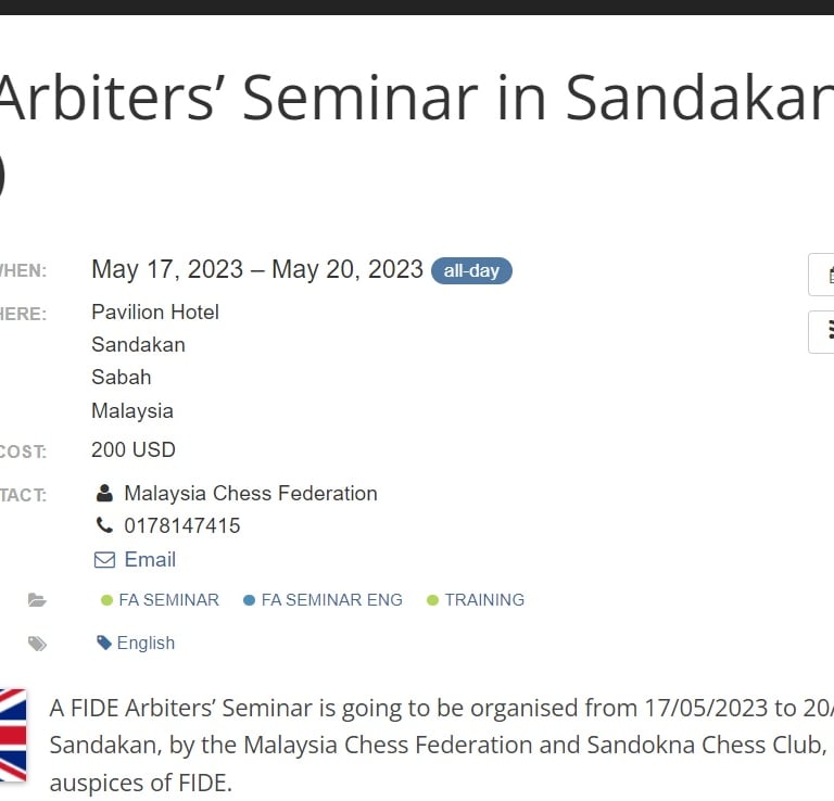 FA Seminar 2023 Conducted By The Sandokan Chess Club in Sabah, Malaysia. 