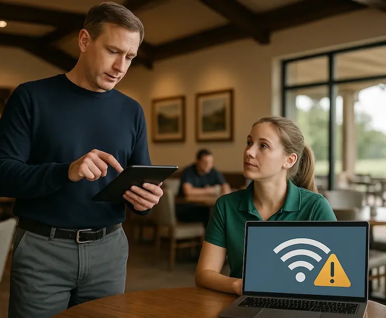 IT technician assisting a golf club staff member with Wi-Fi issues in the clubhouse