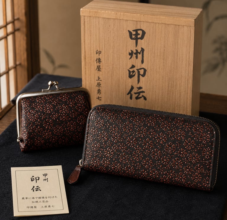 Traditional Japanese Koshu Inden patterned leather long wallet and coin purse with a wooden gift box.