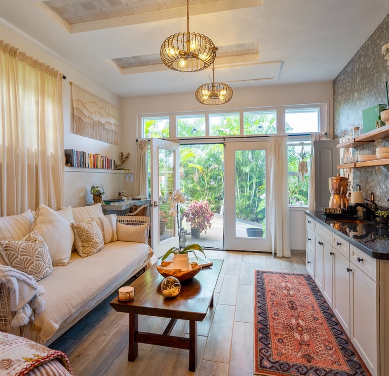 a beautifully decorated living room with a couch and a table