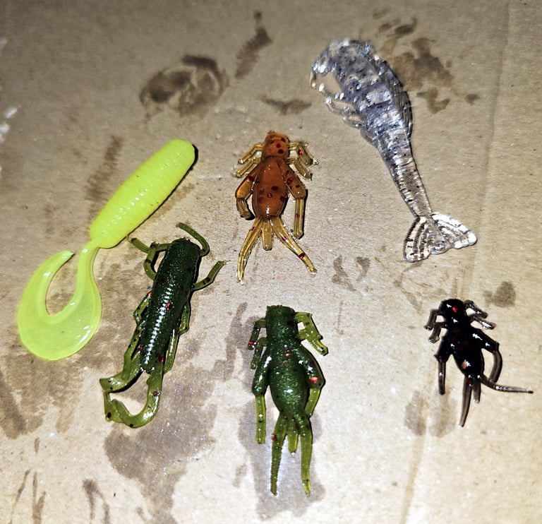 Custom made Panfish baits with or without scents. grubs, crickets, grass shrimp, and minnows 