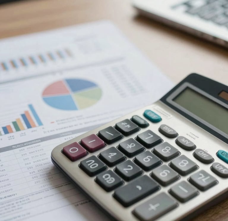 Close-up of professional financial reports and a calculator on a desk in a Southeast Asian / Indonesian office, natural lighting, clean business aesthetic.