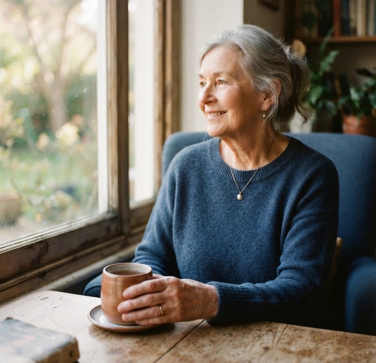 Warm editorial photography, natural window light, an older woman sitting calmly by a wooden table with a warm cup of tea, looking out with a peaceful smile, shallow depth of field, 35mm