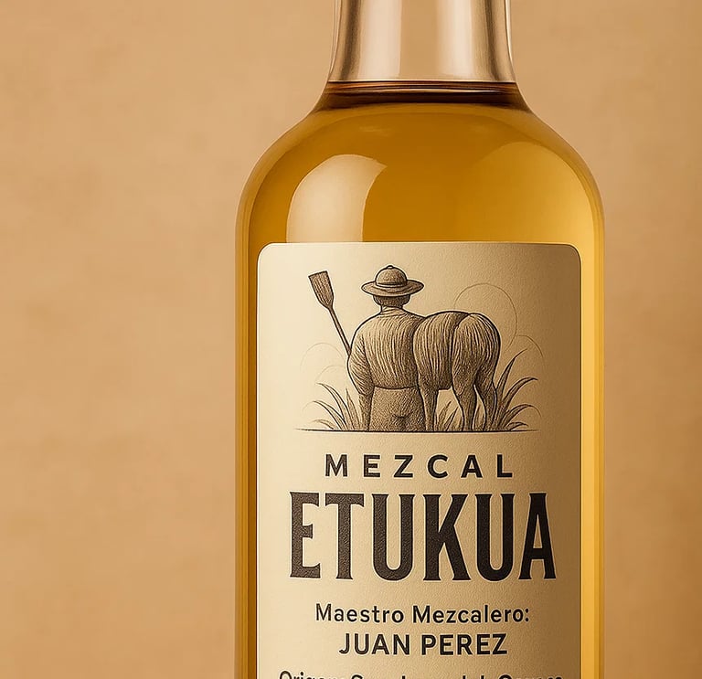 Close-up de la etiqueta de una botella de Etukua donde se lee claramente el nombre del maestro mezca