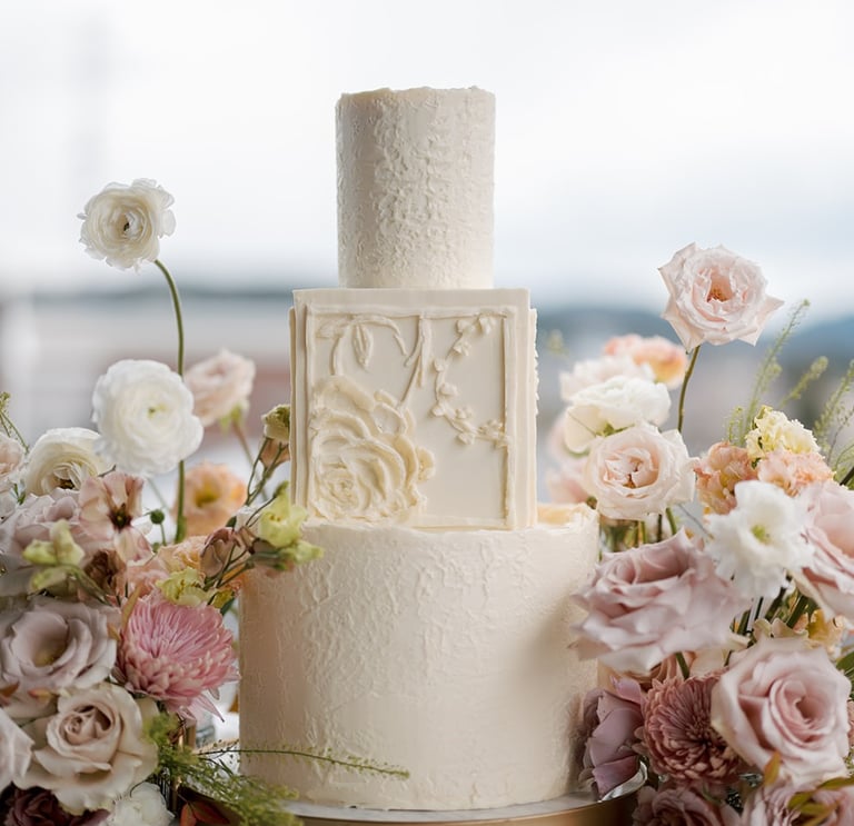 High end white wedding cake design for a Montana wedding