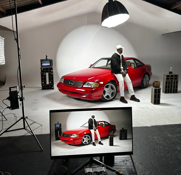 mercedes vintage rouge dans un studio fond blanc
