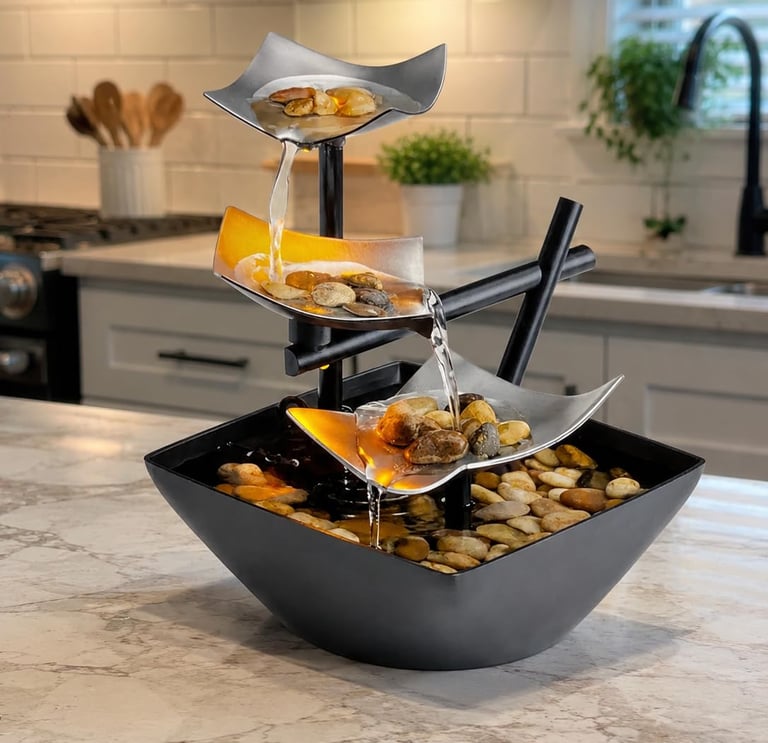 A 3-tier tabletop water fountain with glowing warm lights and river stones sits on a marble kitchen island.