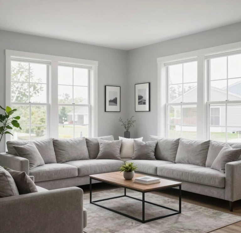 A wide-angle photograph of a bright, modern North American living room with large windows and light gray walls. The space is impeccably clean, featuring minimalist furniture and a fresh, professional atmosphere.
