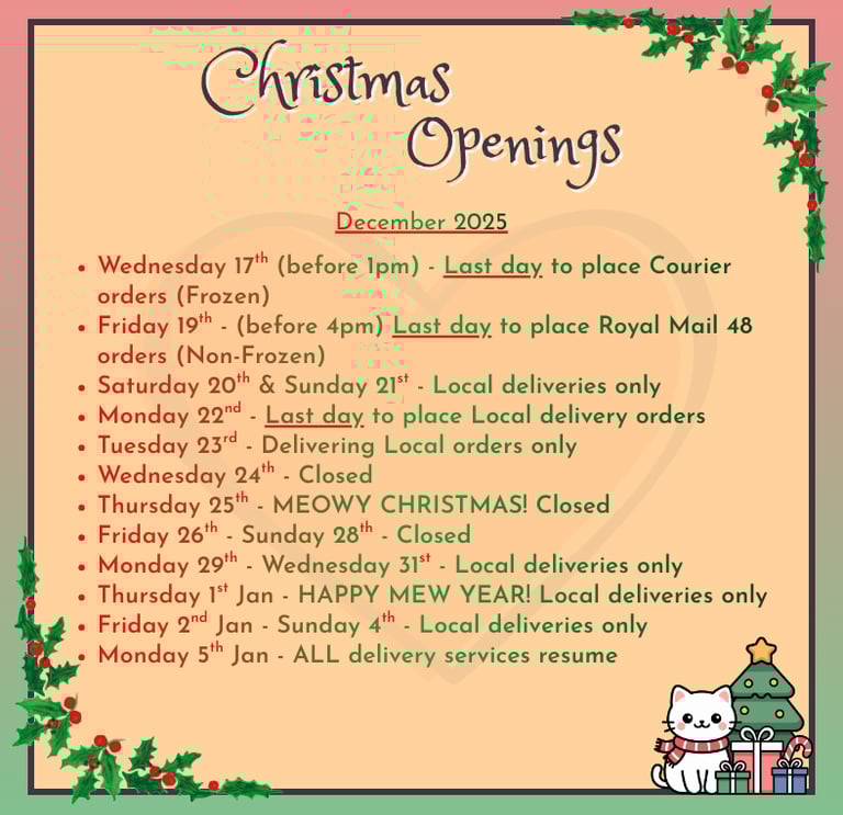 A detailed list describing Kitty's Rawr Store Christmas Opening dates