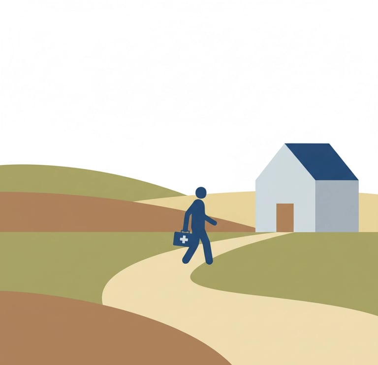 Rural home health nurse walking to a patient's house with medical bag, representing threatened