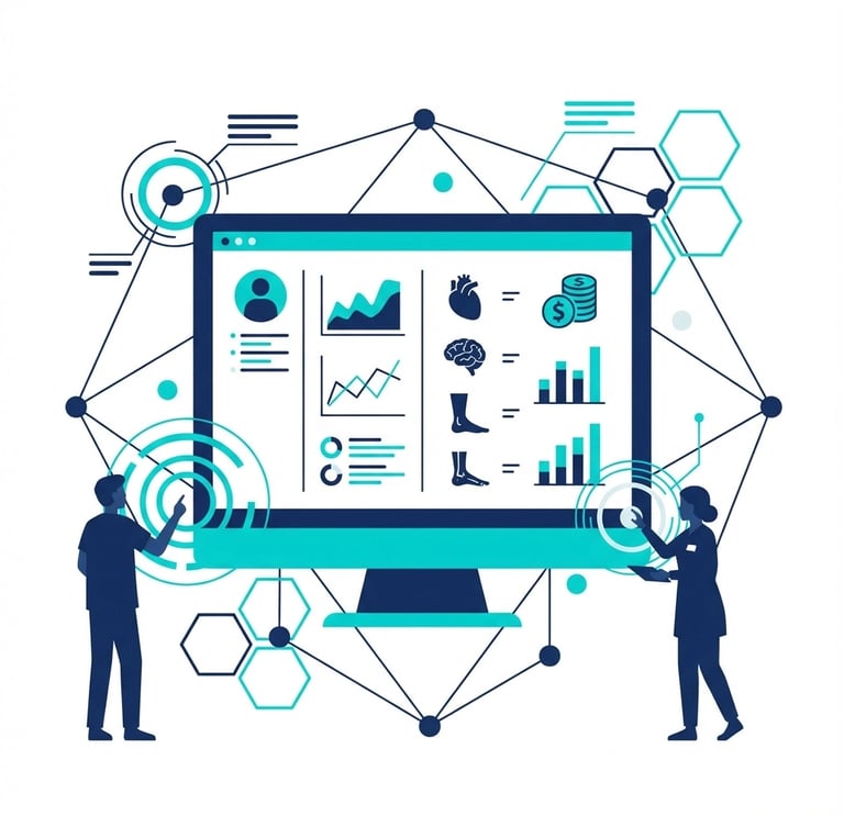 Modern healthcare technology dashboard displaying patient care analytics, financial KPIs, and operat