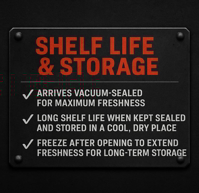 Shelf Life & Storage instructions for bulk beef jerky — vacuum-sealed packaging, long shelf life whe