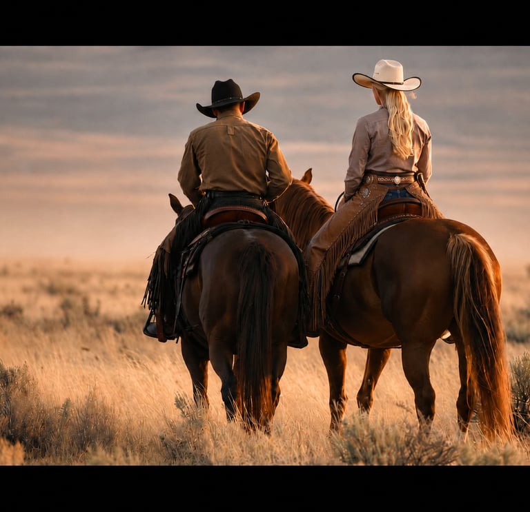 A cowboy and cowgirl on horseback stopped for a rest on open range 