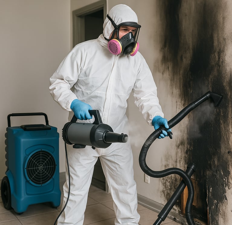 Boone's Restoration technician cleaning fire-damaged home with HEPA filtration equipment