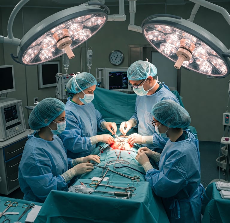 Cirurgiões realizando cirurgia para um tumor abdominal