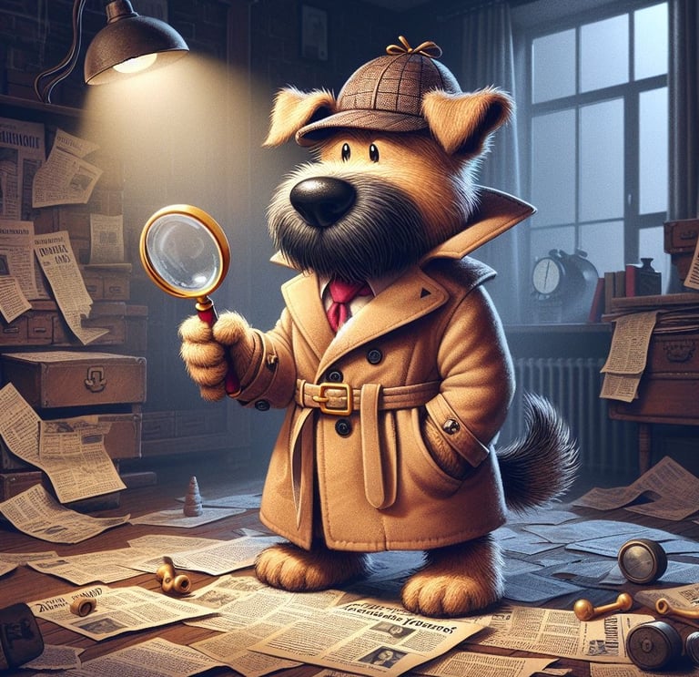 an animation of a scruffy dog dressed as Sherlock Holmes and holding a magnifying glass