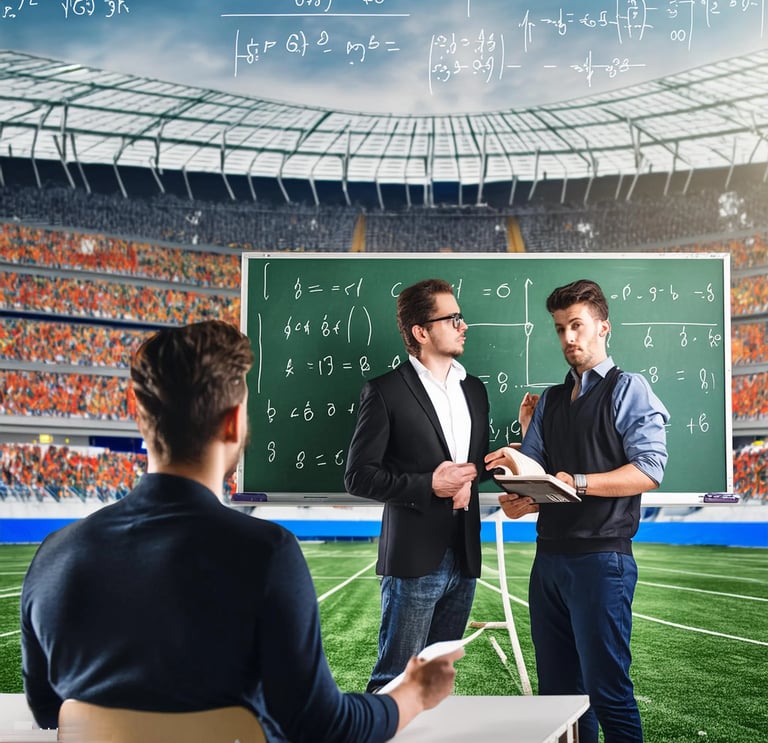 un ragazzo seduto di fronte una lavagna con un due professori che spiegano dentro un campo da calcio