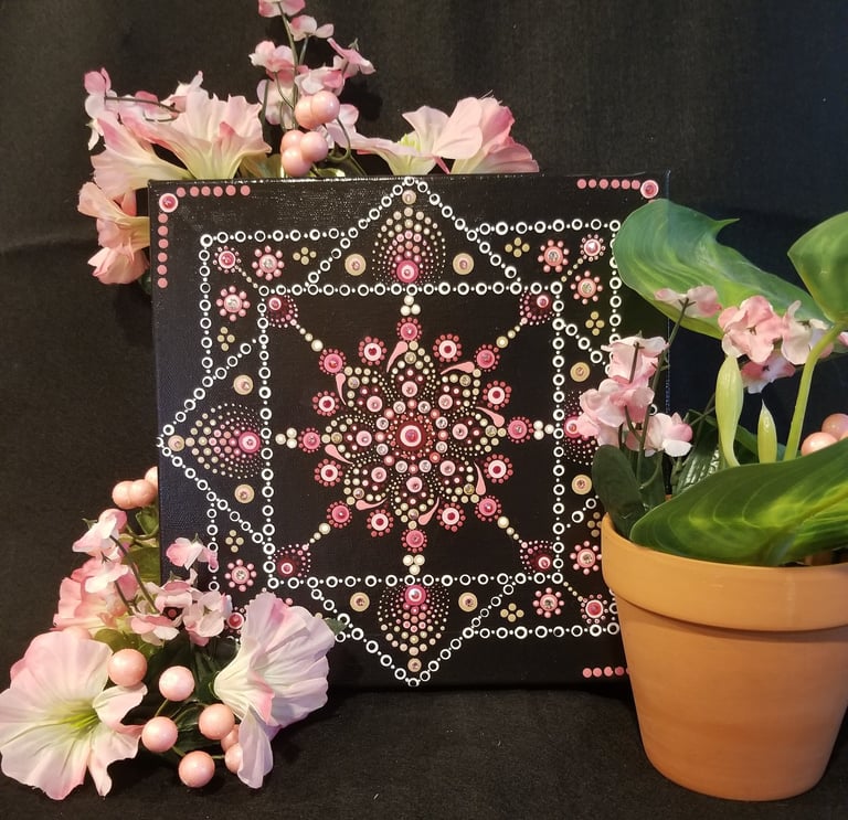 Dot Art done in pinks and white with crystals.