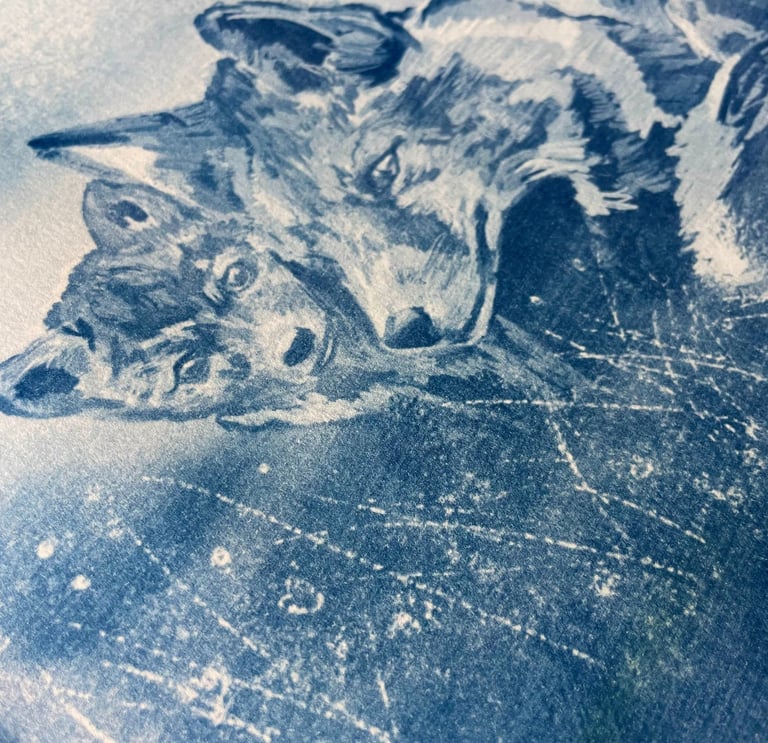 Handmade Cyanotype Print of a Mother Fox and her kit