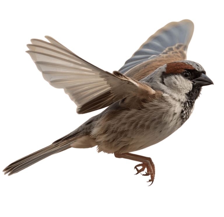 Sparrow flying with wings spread, representing growth and momentum