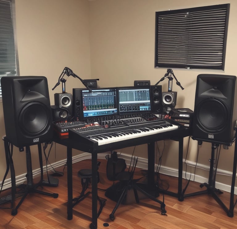 Close-up of mixing console knobs glowing under soft studio lighting