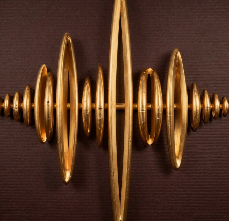 Abstrakte geometrische Komposition aus schwebenden, roségoldenen und warmen, goldenen Ringen, die sich kreuzen und eine stilisierte Schallwelle formen, dunkler Pflaumen-Hintergrund mit feinen Linienmustern, warmes, atmosphärisches Licht.