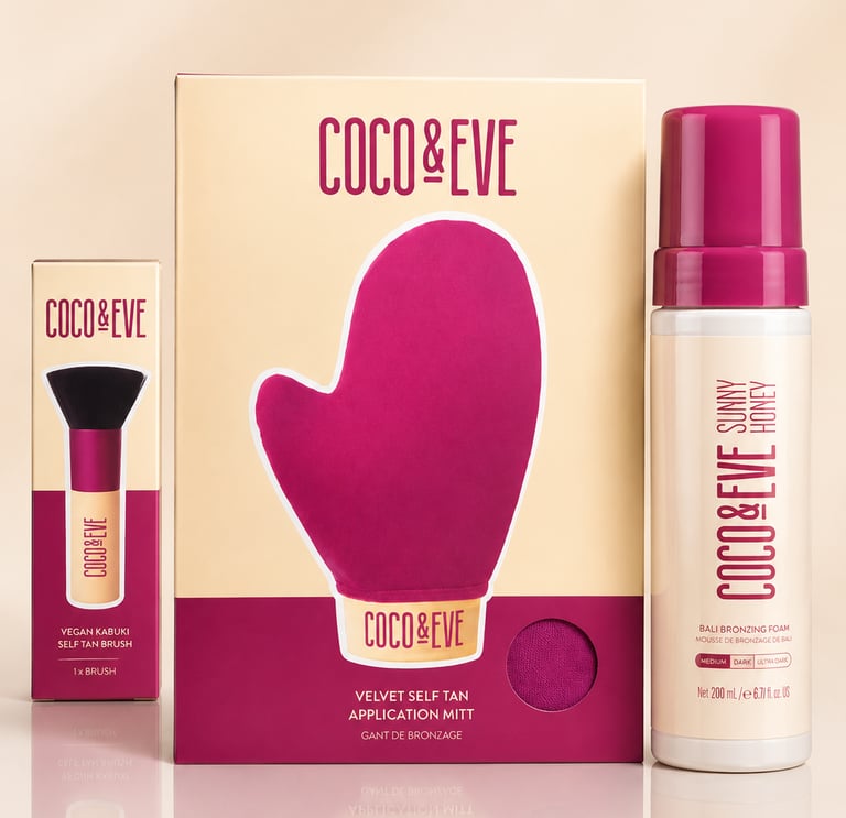 Coco & Eve self-tan set with bronzing foam, tanning mitt, and kabuki brush on a neutral background.