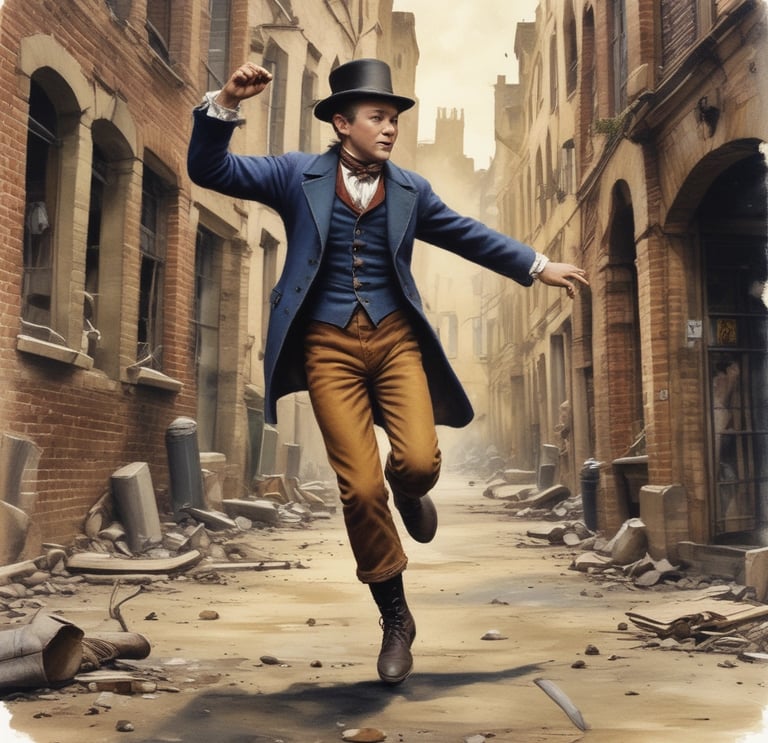 A lively, colorful quick sketch of a city street scene with expressive lines