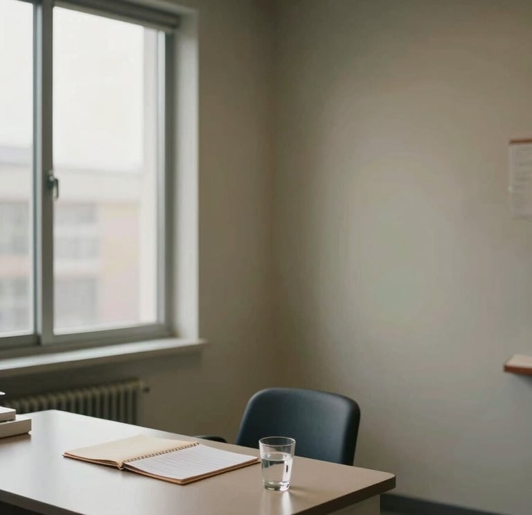 Wide environmental interior shot of a clinical assessment room — a plain desk with a manila folder and a glass of water, a single chair beside it, natural north-facing daylight entering through a large window to the left, muted earth-tone walls, no people, framed to show the full room with generous space on the right side of the frame