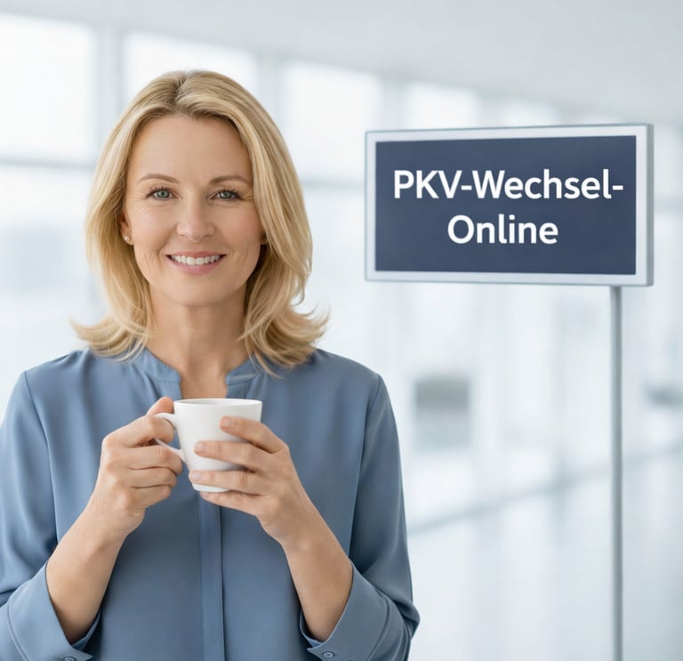 Smiling woman holding a coffee cup next to a PKV-Wechsel-Online sign for private health insurance.