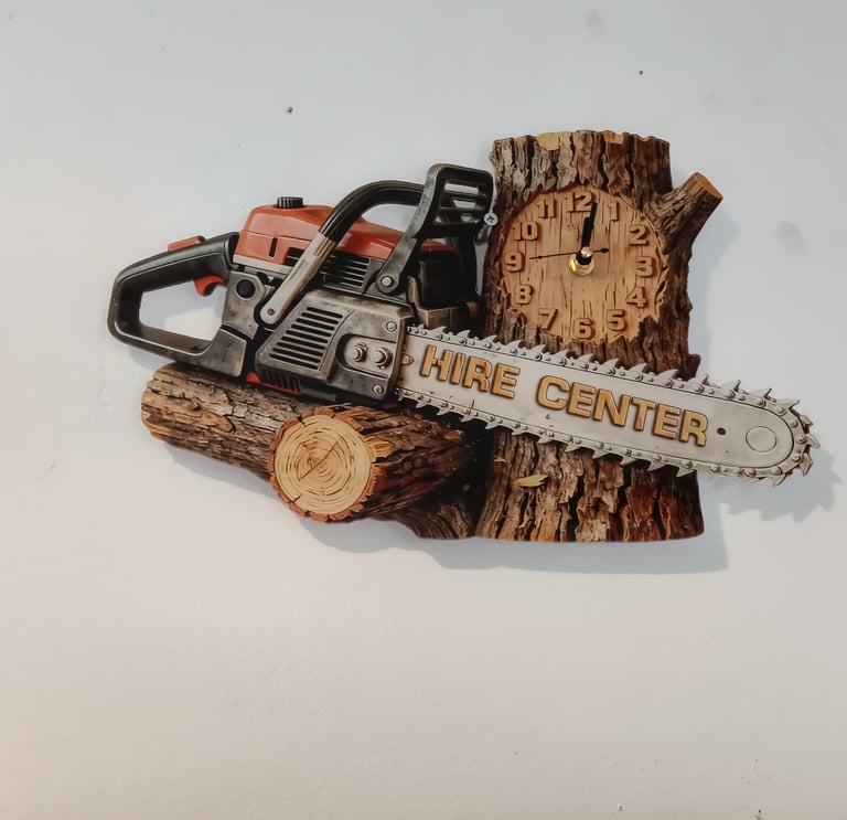 Rustic chainsaw wall clock carved into a wooden log featuring a Hire Center advertisement blade.
