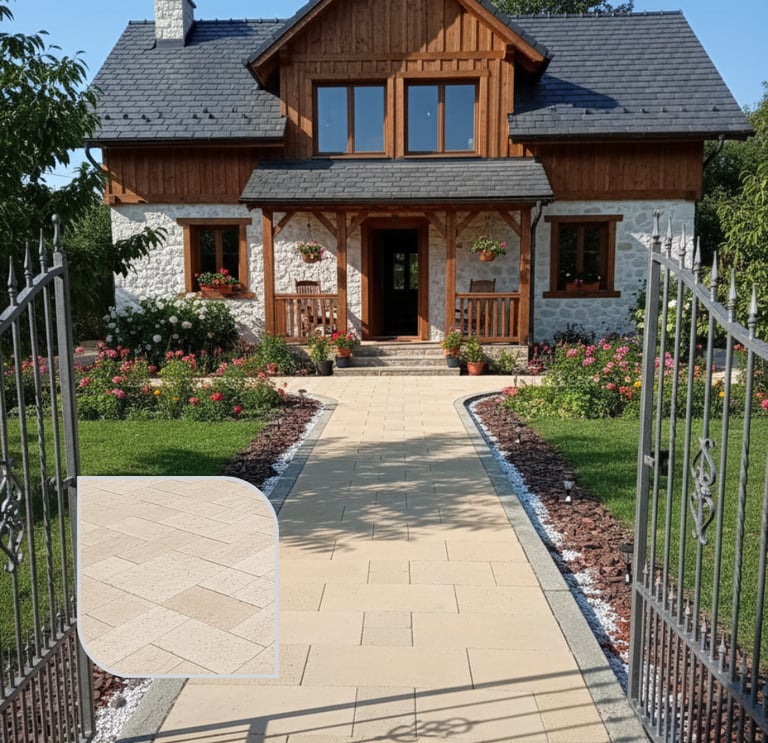 Pavaj Antico Travertin montat în curte rezidențială, aspect elegant de piatră naturală