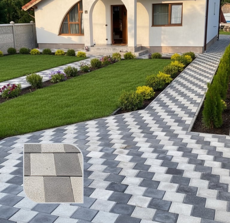 Pavaj Quatro montat în curte rezidențială, dale pătrate în nuanțe de alb ciment si gri ciment